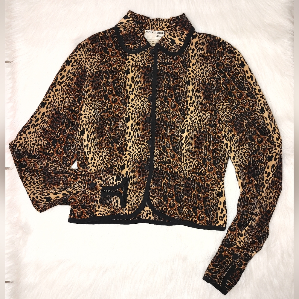 Vintage Nancy Crystal Petite Cheetah Print Long Sleeved Button Up Blouse